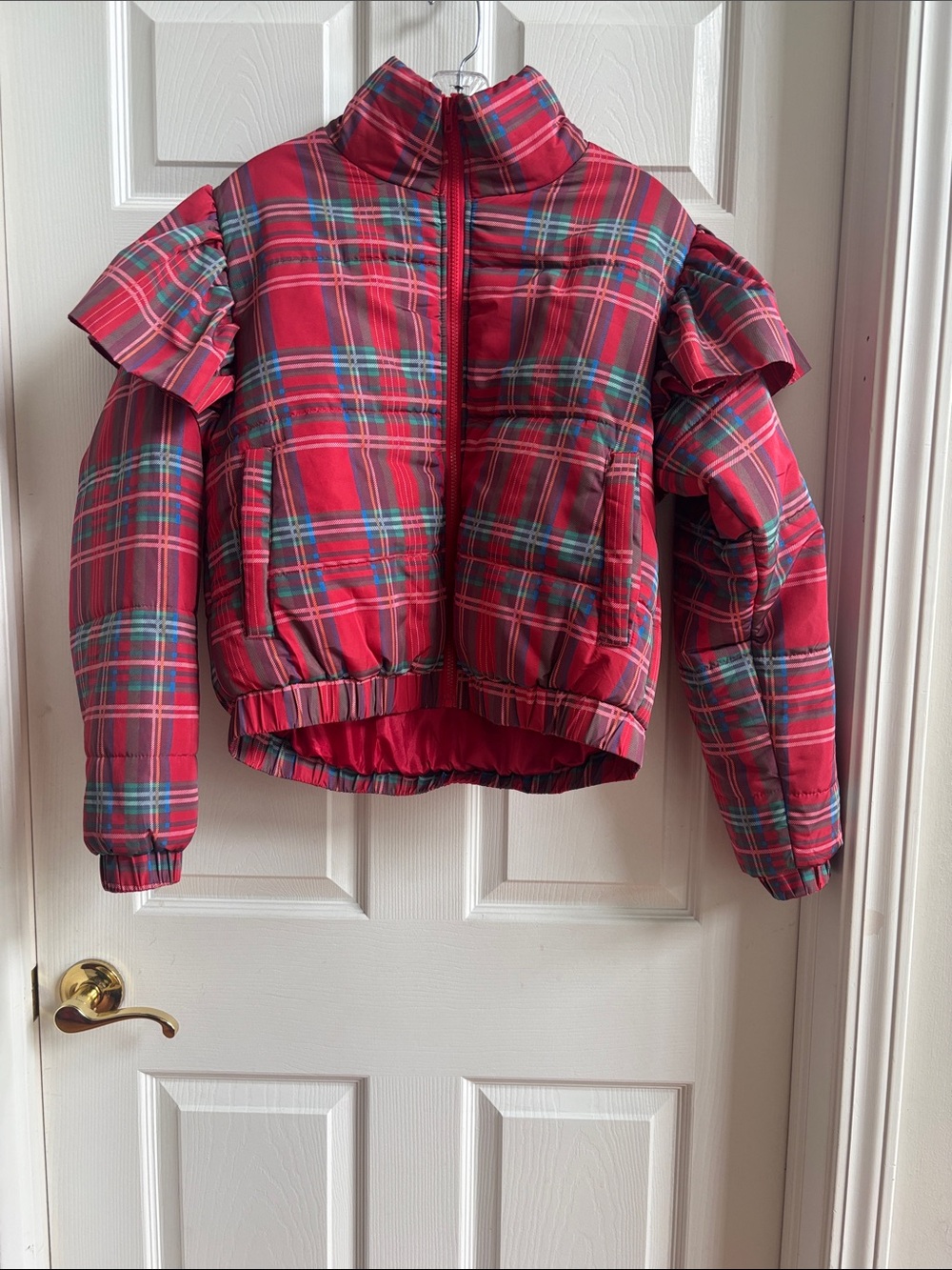 Aura Red Plaid Ruffle-Shoulder Puffer Jacket